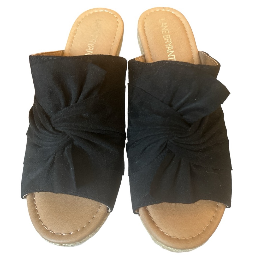 LANE BRYANT Women's Espadrille Sandals Black Suede Wedge Peep Toe Bow Size 9W